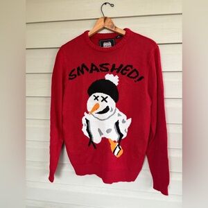 Funny Christmas Holiday sweater SMASHED snowman drinking novelty crew party sz M